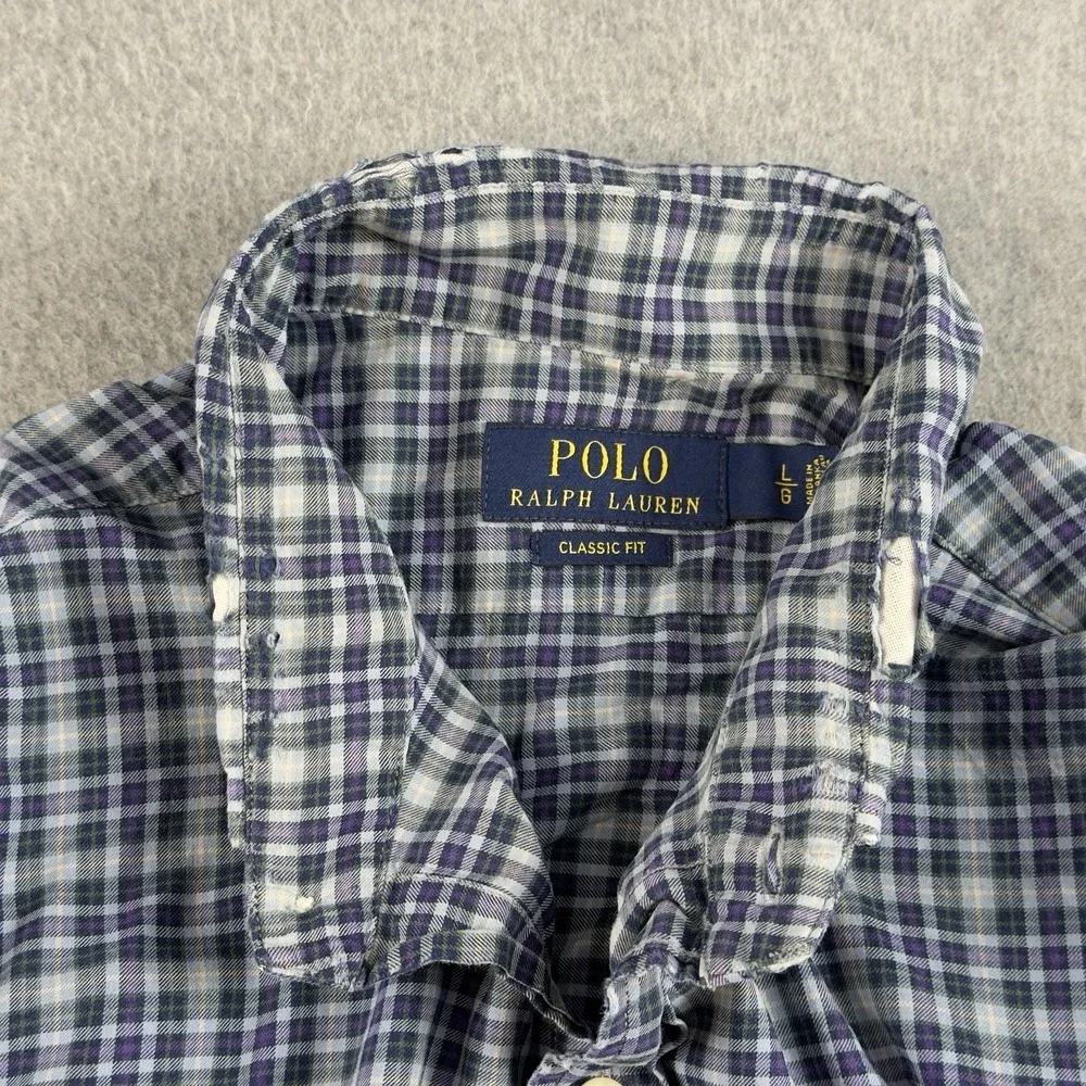 Polo Ralph Lauren Classic Fit Plaid Button Down Shirt Purple Blue LG Cotton NOTE